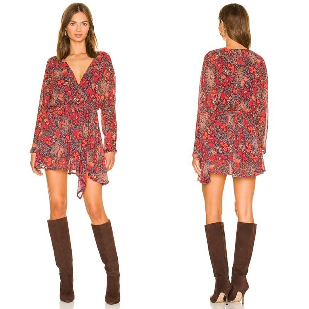 Free People Teegan Floral Faux Wrap Long Sleeve Mini Dress Size S NEW with Tag